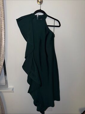 Fashion Nova Dark Green One-Shoulder Ruffle Dress